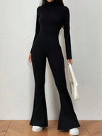 MOOSTA Black Fleece Ribbed Fabric High Neck Fitted Retro Flare Minimalist Casual Women's Jumpsuit shein
