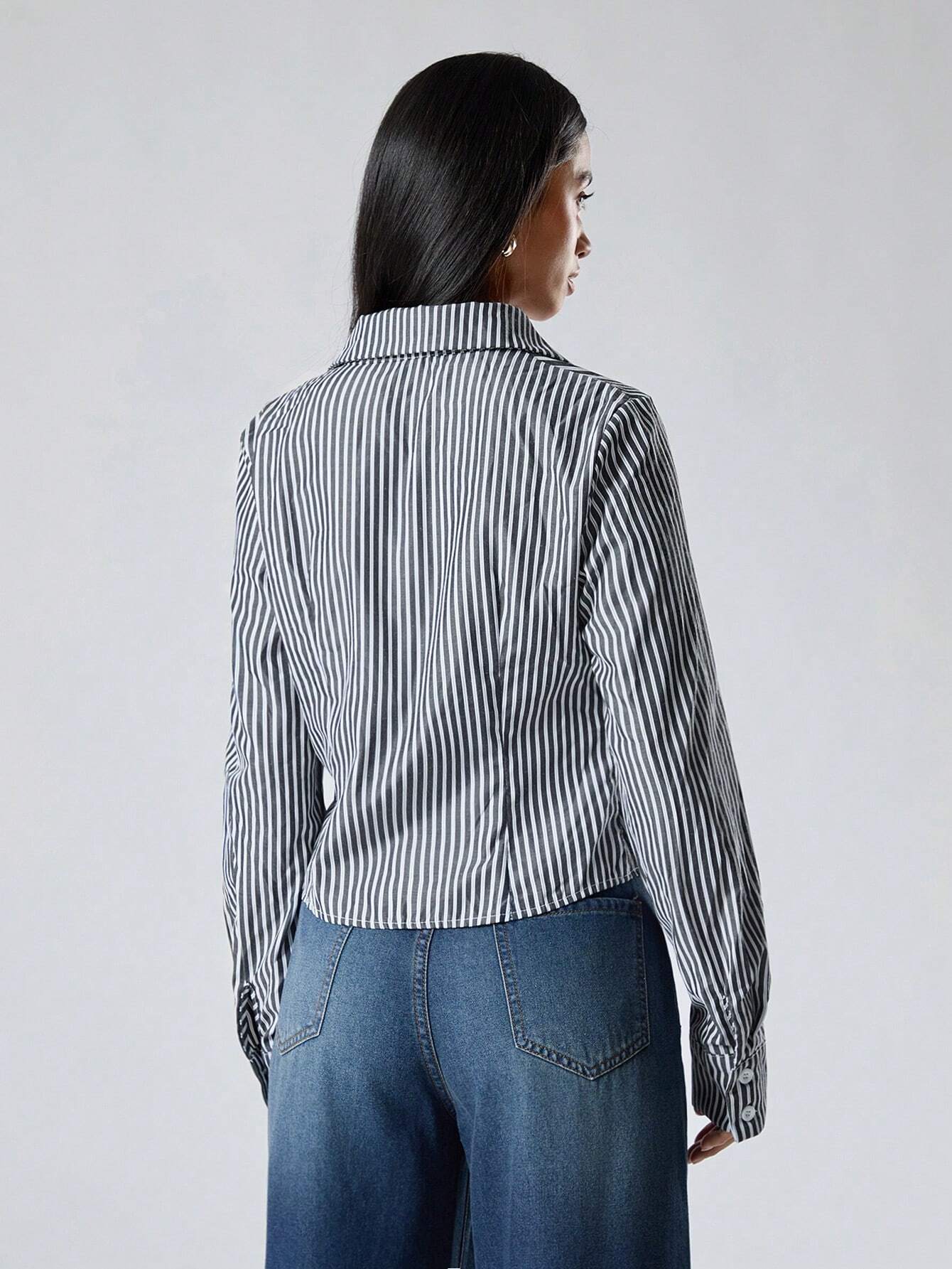 EZwear Solid Ruched Button Up Shirt shein