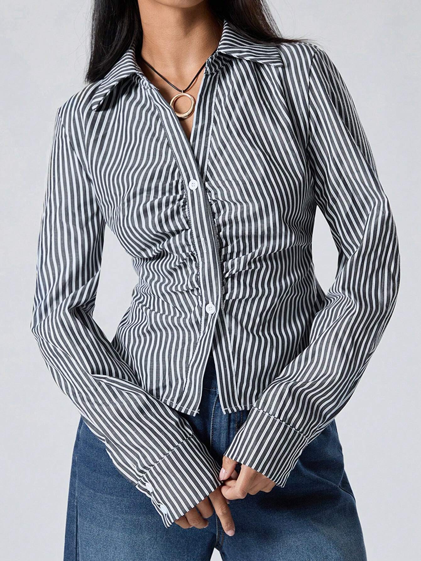 EZwear Solid Ruched Button Up Shirt shein