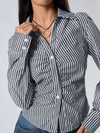 EZwear Solid Ruched Button Up Shirt shein