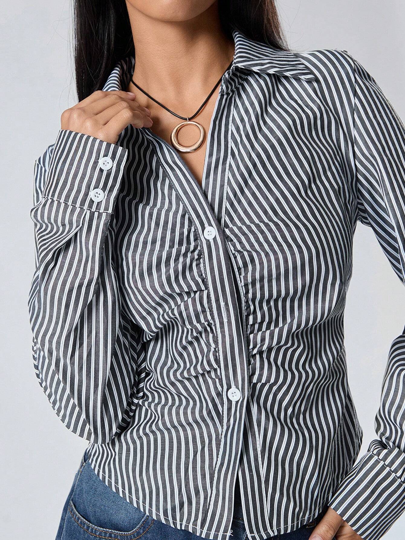 EZwear Solid Ruched Button Up Shirt shein