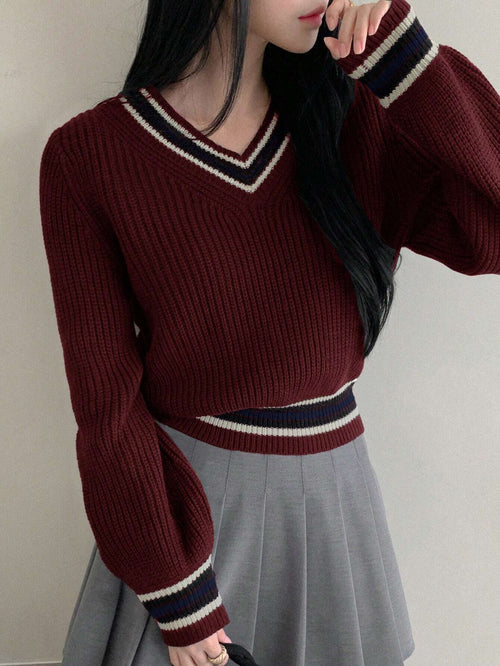DAZY Color Block V-Neck Casual Women Sweater shein