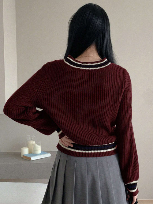 DAZY Color Block V-Neck Casual Women Sweater shein