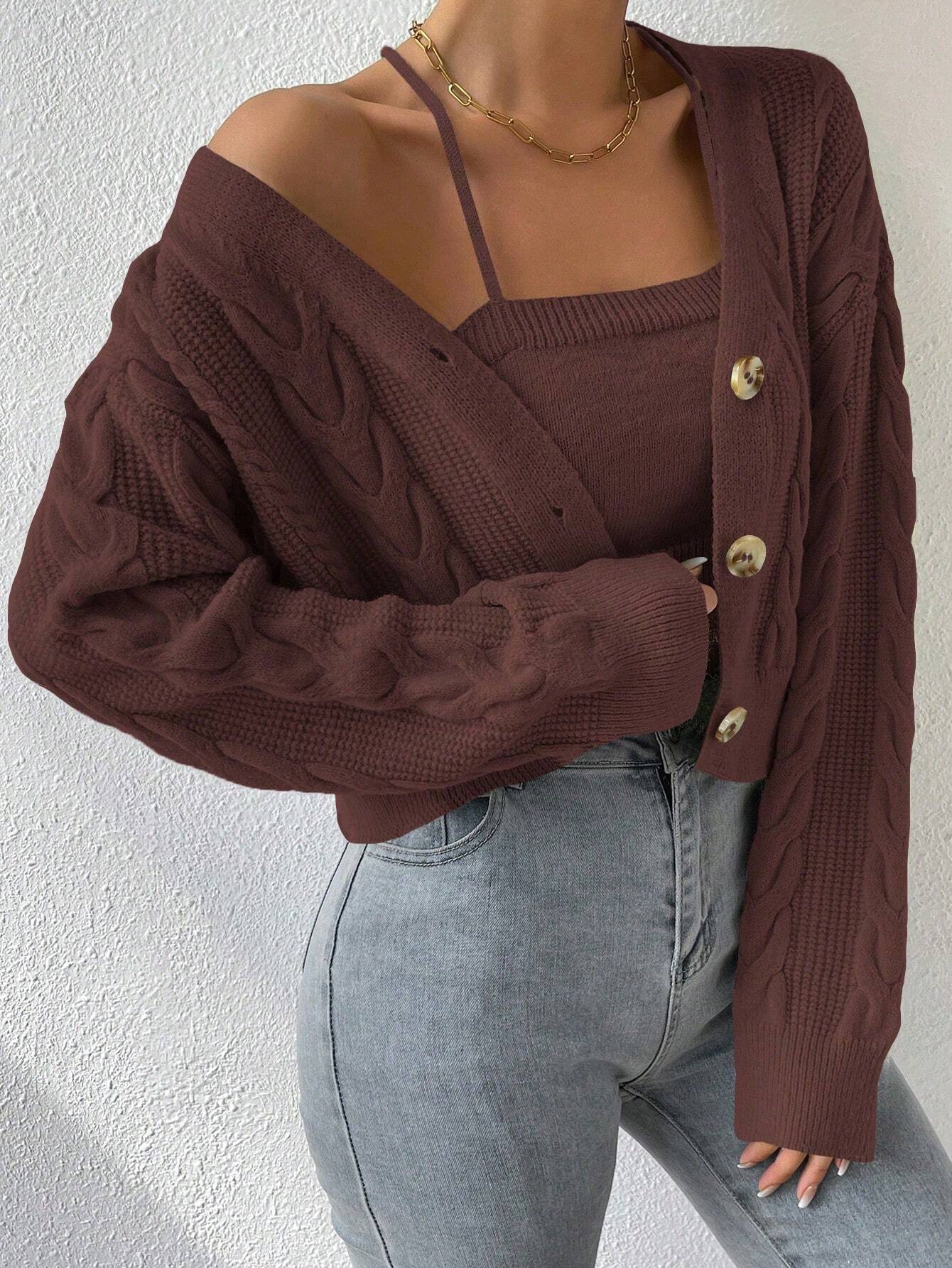 MOOSTA Drop Shoulder Cable Knit Cardigan & Crop Knit Top shein