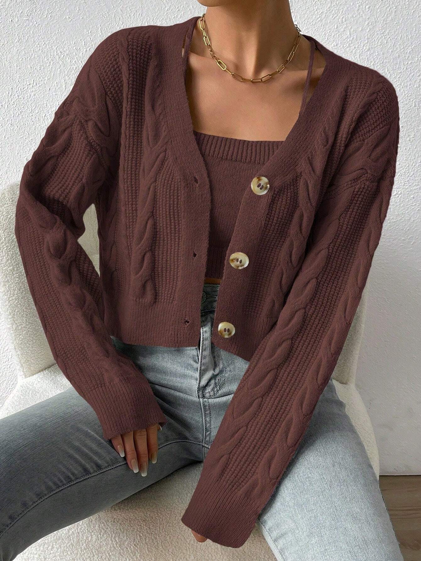 MOOSTA Drop Shoulder Cable Knit Cardigan & Crop Knit Top shein