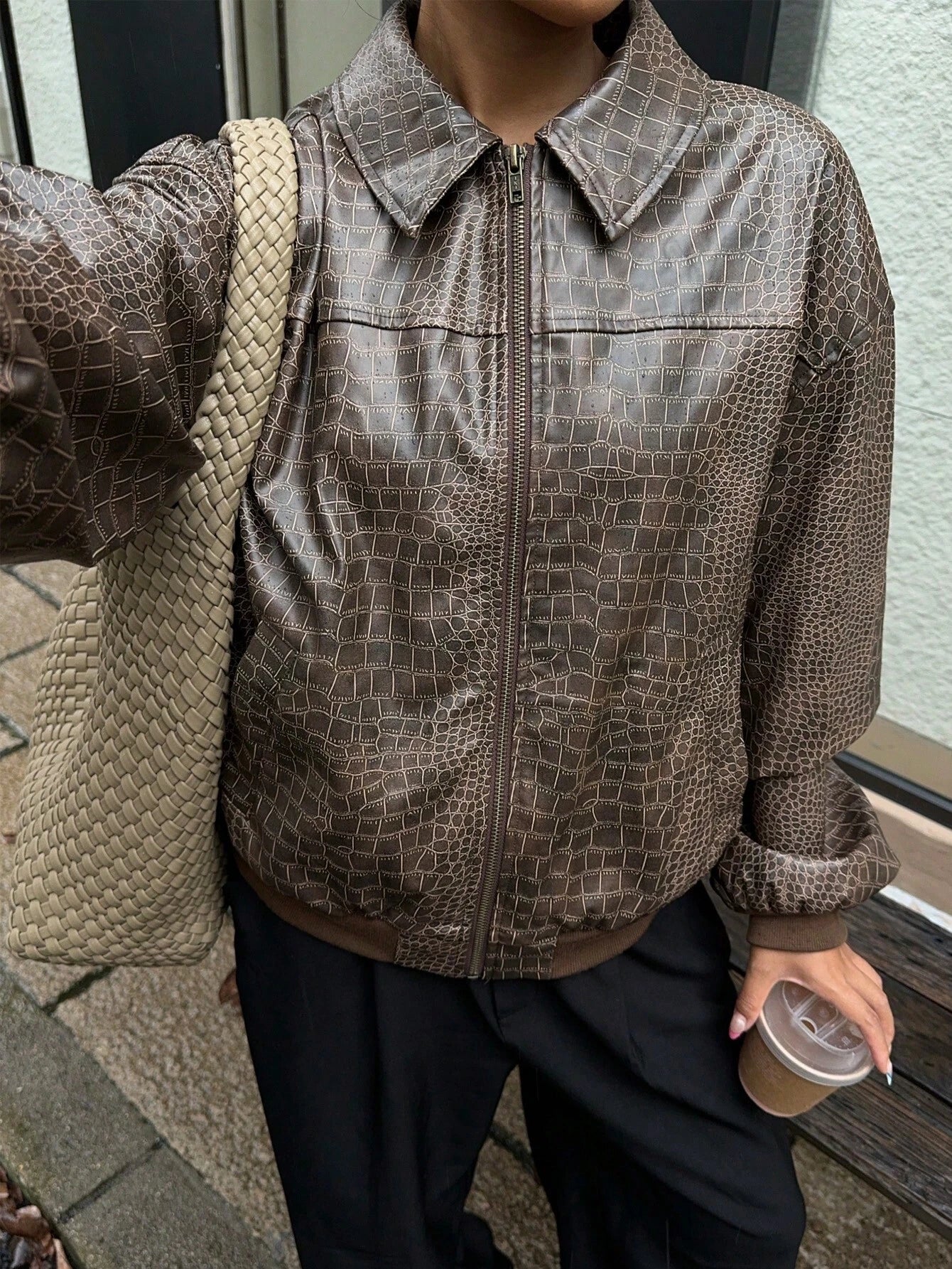 EZwear Drop Shoulder Long Sleeve Zip Up Red PU Leather Jacket shein