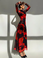Aloruh New Autumn/Winter Red Tie Dye Floral Mesh Print Party Long Sleeve Fitted Dress shein
