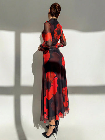 Aloruh New Autumn/Winter Red Tie Dye Floral Mesh Print Party Long Sleeve Fitted Dress