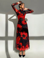 Aloruh New Autumn/Winter Red Tie Dye Floral Mesh Print Party Long Sleeve Fitted Dress shein