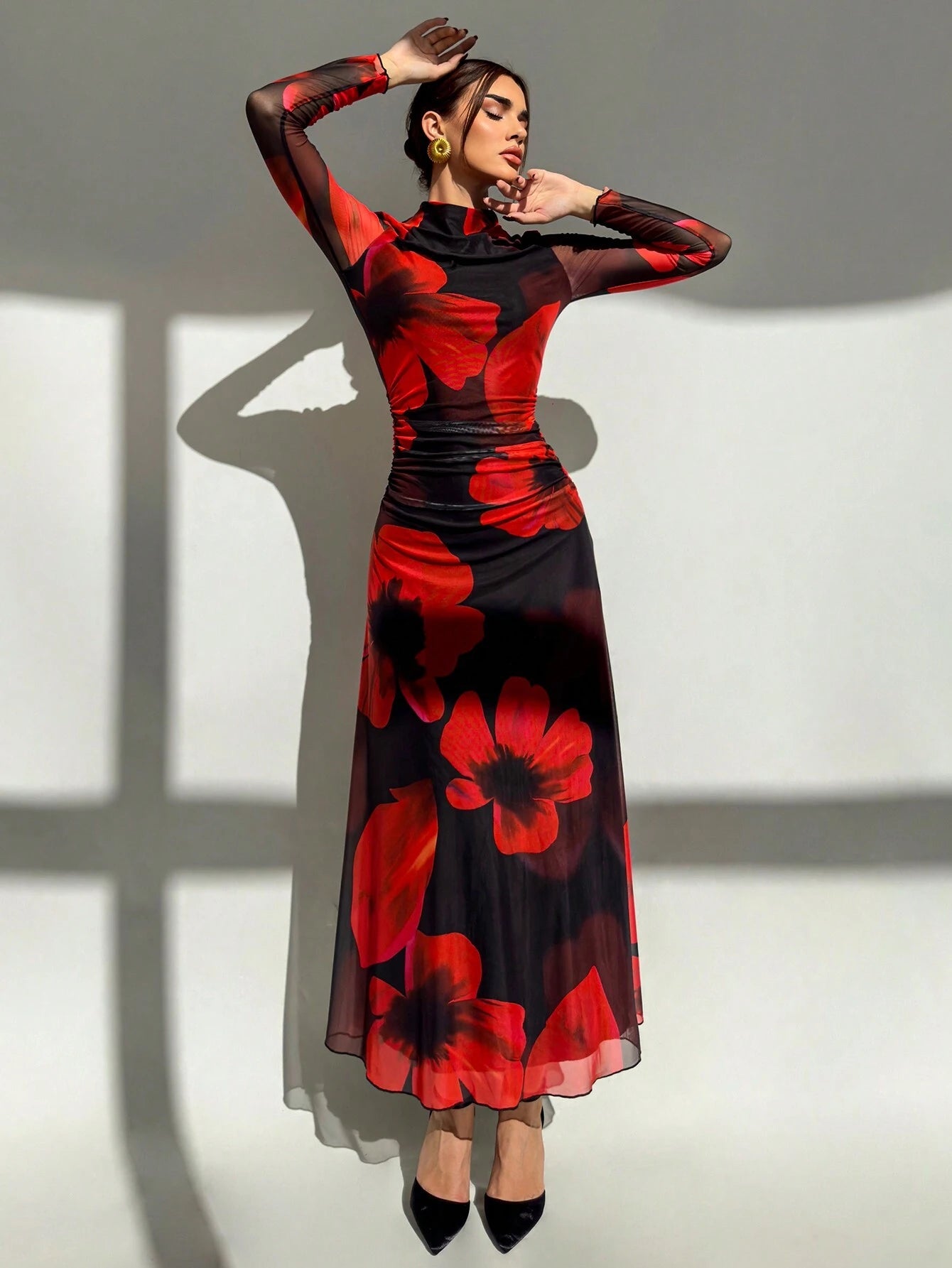 Aloruh New Autumn/Winter Red Tie Dye Floral Mesh Print Party Long Sleeve Fitted Dress shein
