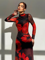 Aloruh New Autumn/Winter Red Tie Dye Floral Mesh Print Party Long Sleeve Fitted Dress shein