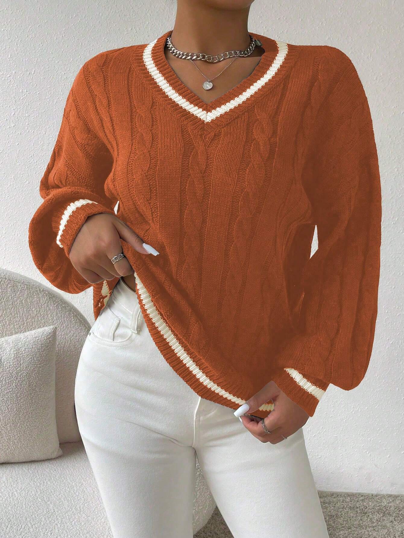 Relaxiva Striped Trim Cable Knit Drop Shoulder Sweater shein
