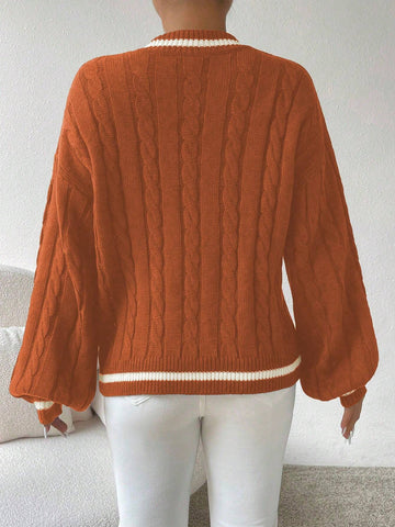 Relaxiva Striped Trim Cable Knit Drop Shoulder Sweater