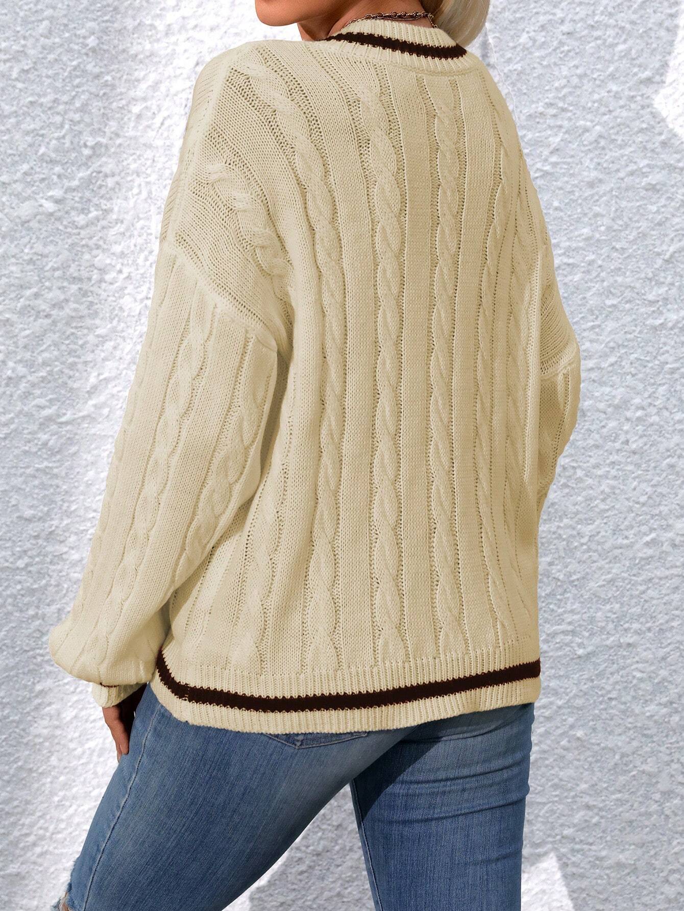 Relaxiva Striped Trim Cable Knit Drop Shoulder Sweater shein