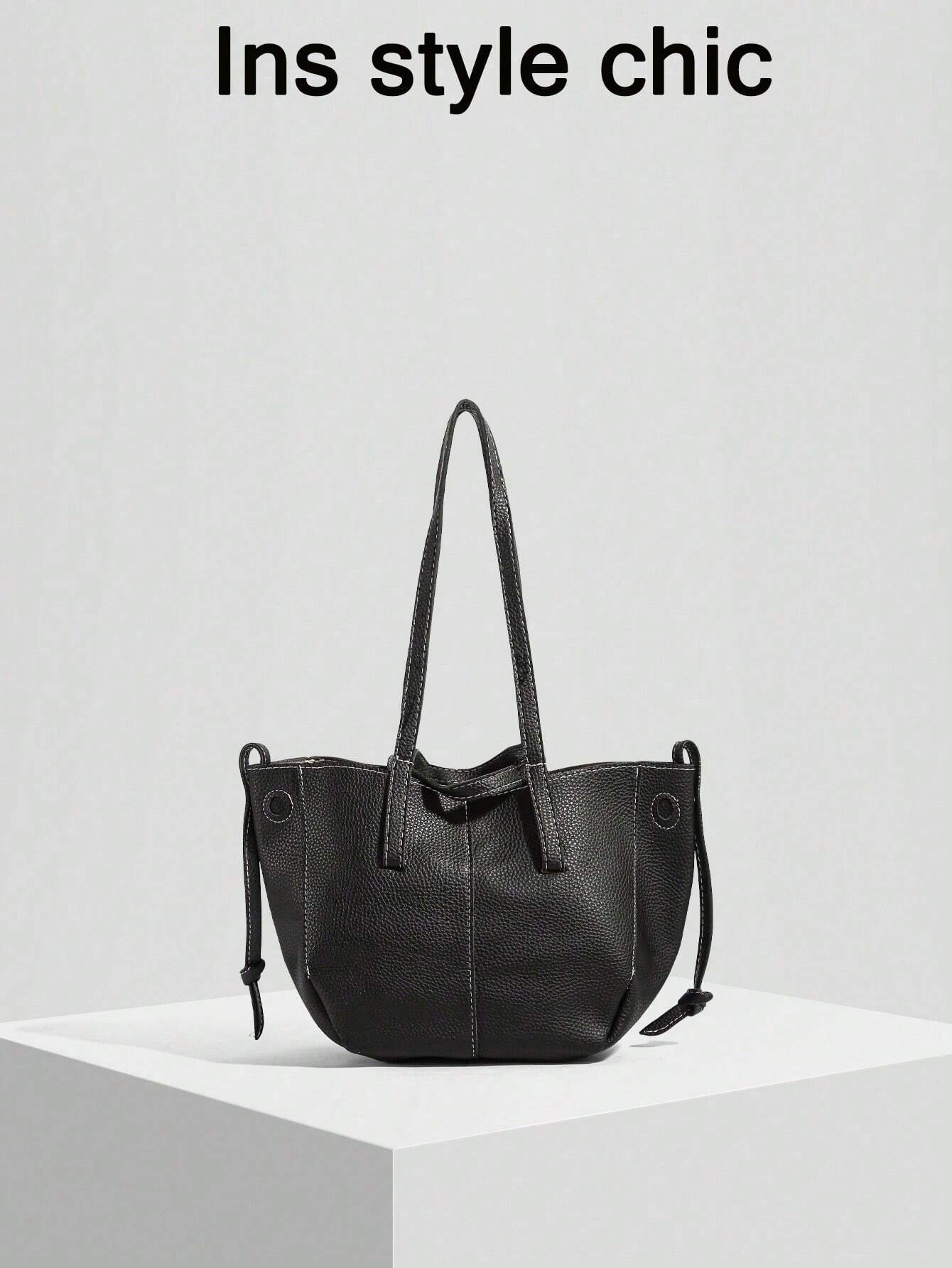 The New Fashion Classic Large-Capacity Solid Color Pu Waterproof Fabric Double-Handle Shoulder Bag Quilted Embroidery Thread Design Tote Bag shein