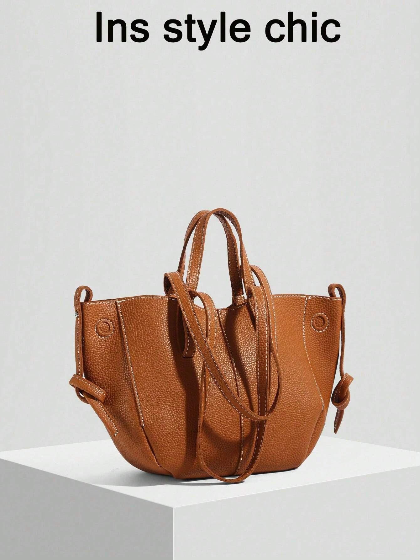 The New Fashion Classic Large-Capacity Solid Color Pu Waterproof Fabric Double-Handle Shoulder Bag Quilted Embroidery Thread Design Tote Bag shein