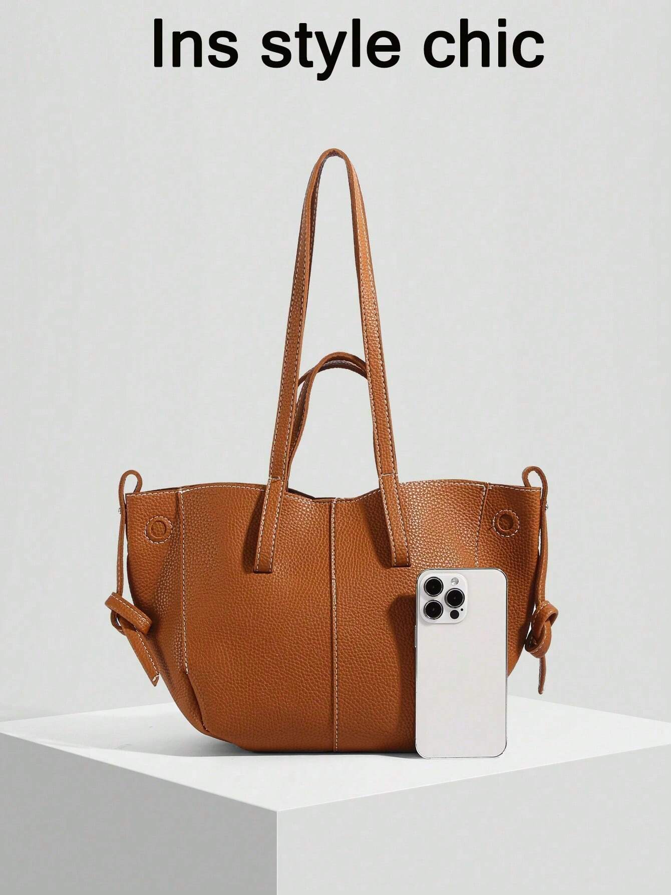 The New Fashion Classic Large-Capacity Solid Color Pu Waterproof Fabric Double-Handle Shoulder Bag Quilted Embroidery Thread Design Tote Bag shein