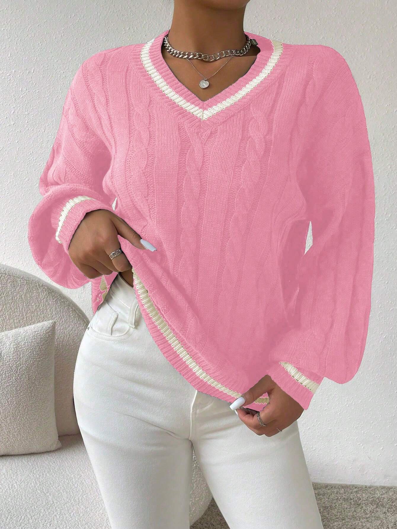 Relaxiva Striped Trim Cable Knit Drop Shoulder Sweater shein