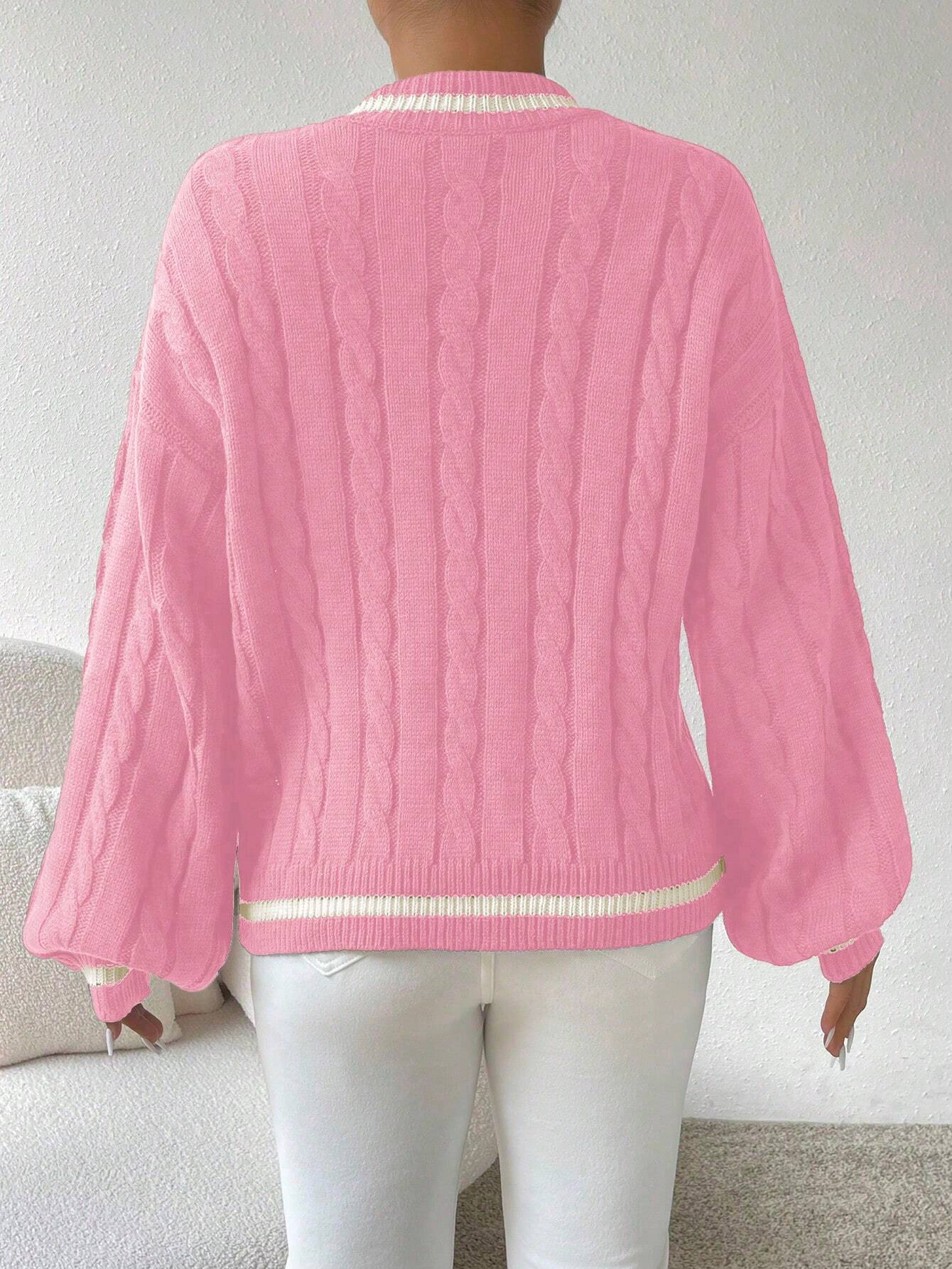 Relaxiva Striped Trim Cable Knit Drop Shoulder Sweater shein