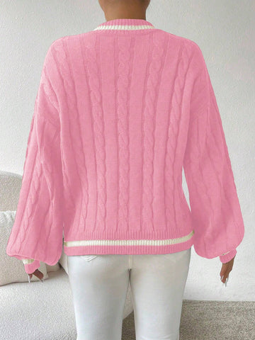 Relaxiva Striped Trim Cable Knit Drop Shoulder Sweater