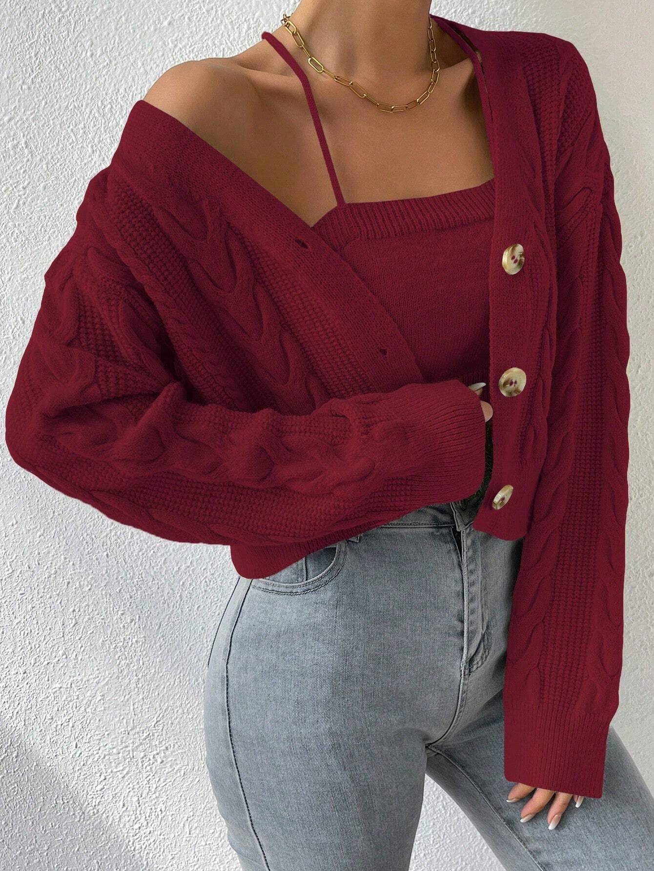 MOOSTA Drop Shoulder Cable Knit Cardigan & Crop Knit Top shein
