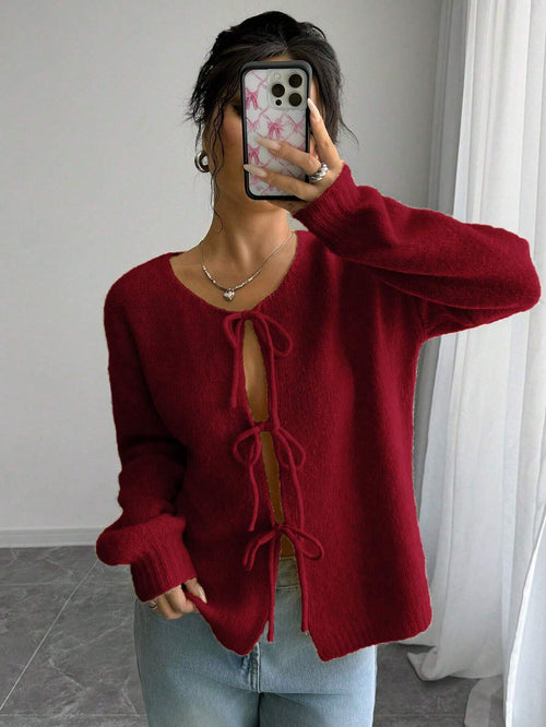 Essnce Trendy Front Tie Design Long Sleeve Cardigan Shein