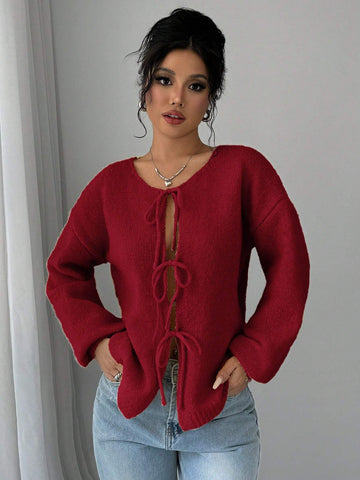 Essnce Trendy Front Tie Design Long Sleeve Cardigan