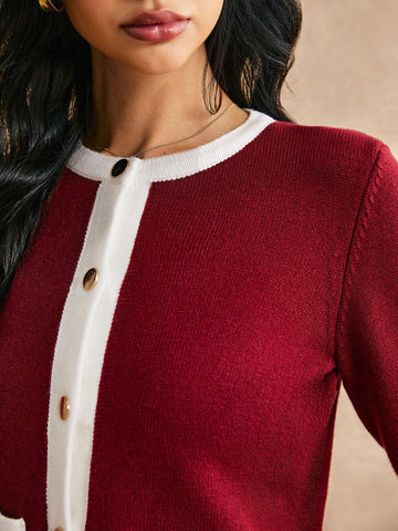 Poéselle Women's Color Collision Long Sleeve Trim Metal Button Front Knit Cardigan