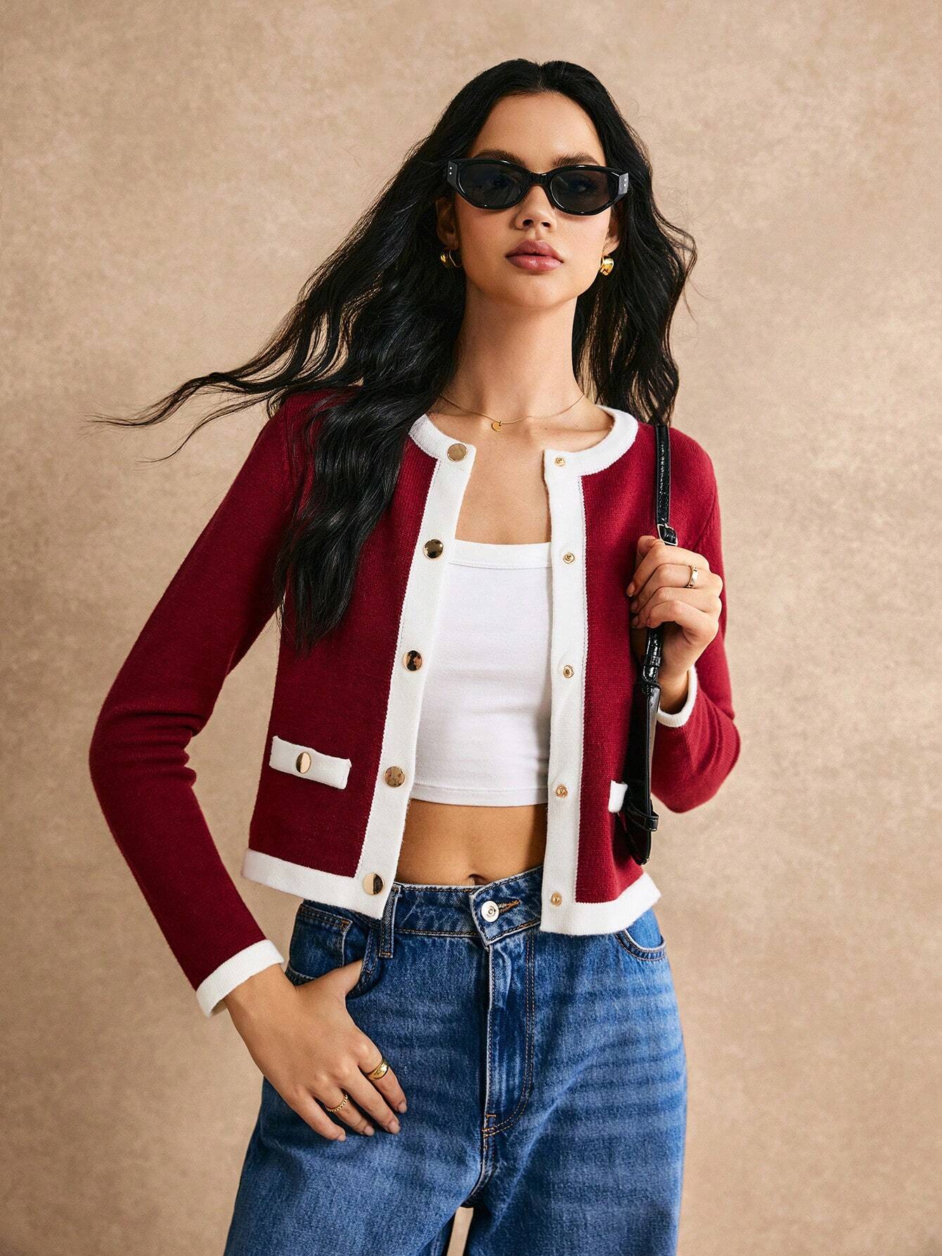 Poéselle Women's Color Collision Long Sleeve Trim Metal Button Front Knit Cardigan