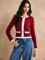 Poéselle Women's Color Collision Long Sleeve Trim Metal Button Front Knit Cardigan shein