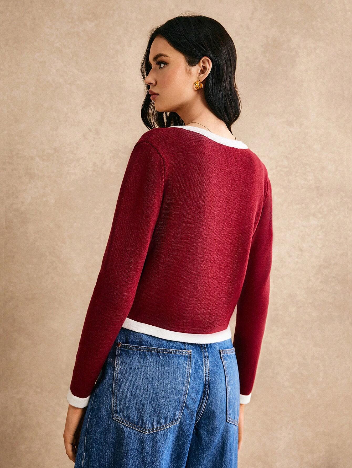 Poéselle Women's Color Collision Long Sleeve Trim Metal Button Front Knit Cardigan