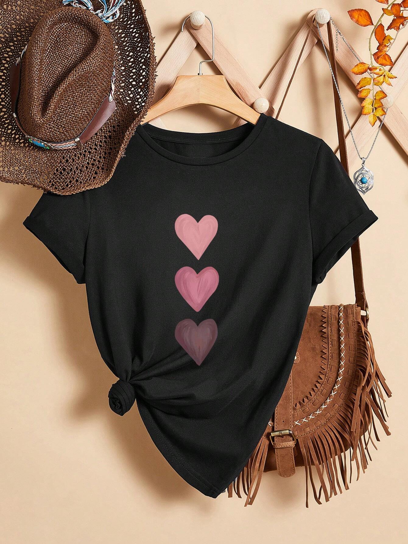 EMERY ROSE Casual Heart-Shaped Patterned Round Neck Women's Short Sleeve T-Shirt shein