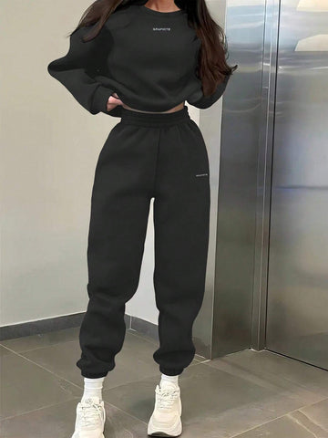 EZwear 2pcs Women's Casual Letter Print Sweatshirt And Sweatpants Set