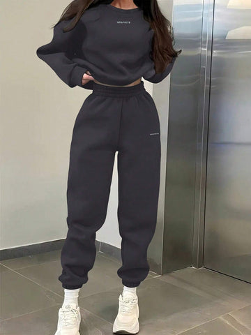 EZwear 2pcs Women's Casual Letter Print Sweatshirt And Sweatpants Set