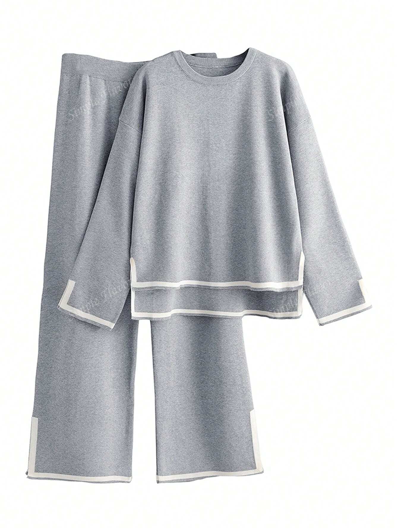 2pcs Women Casual Contrast Color Knit Sweater & Pants Set shein