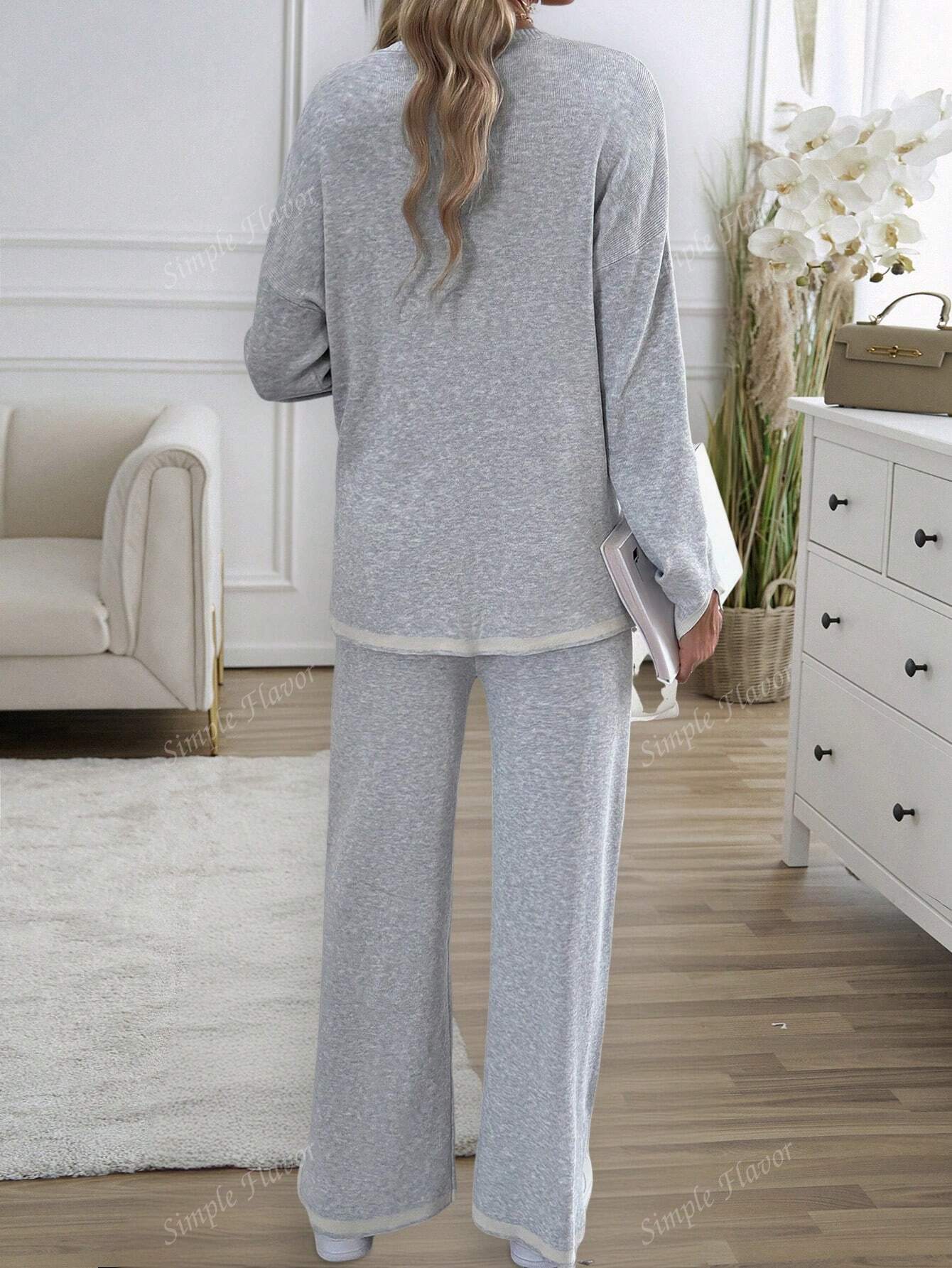 2pcs Women Casual Contrast Color Knit Sweater & Pants Set shein