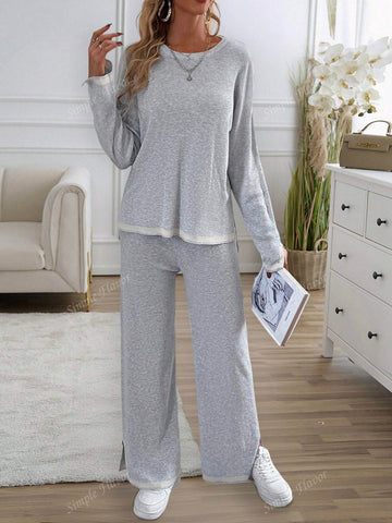 2pcs Women Casual Contrast Color Knit Sweater & Pants Set