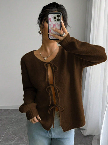 Essnce Trendy Front Tie Design Long Sleeve Cardigan