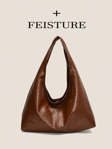 FEISTURE 1pc Solid Color PU Glossy Shoulder Tote Bag