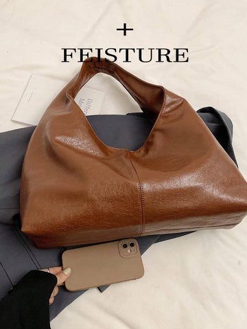 FEISTURE 1pc Solid Color PU Glossy Shoulder Tote Bag