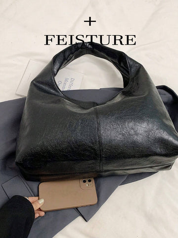 FEISTURE 1pc Solid Color PU Glossy Shoulder Tote Bag