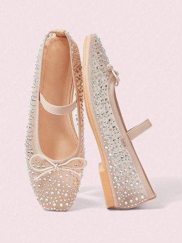 CUCCOO DOLLMOD Fashionable Apricot Color Rhinestoned Mesh Mary Jane Flats