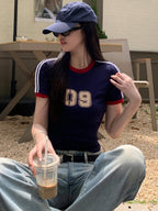 DAZY Women's Colorblock Striped Print Casual Short Sleeve Sports T-Shirt shein