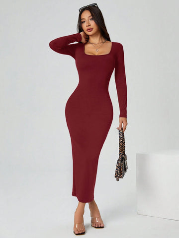 PETITE Autumn Wear Solid Color Square Neck Tight Black Long-Sleeved Dress