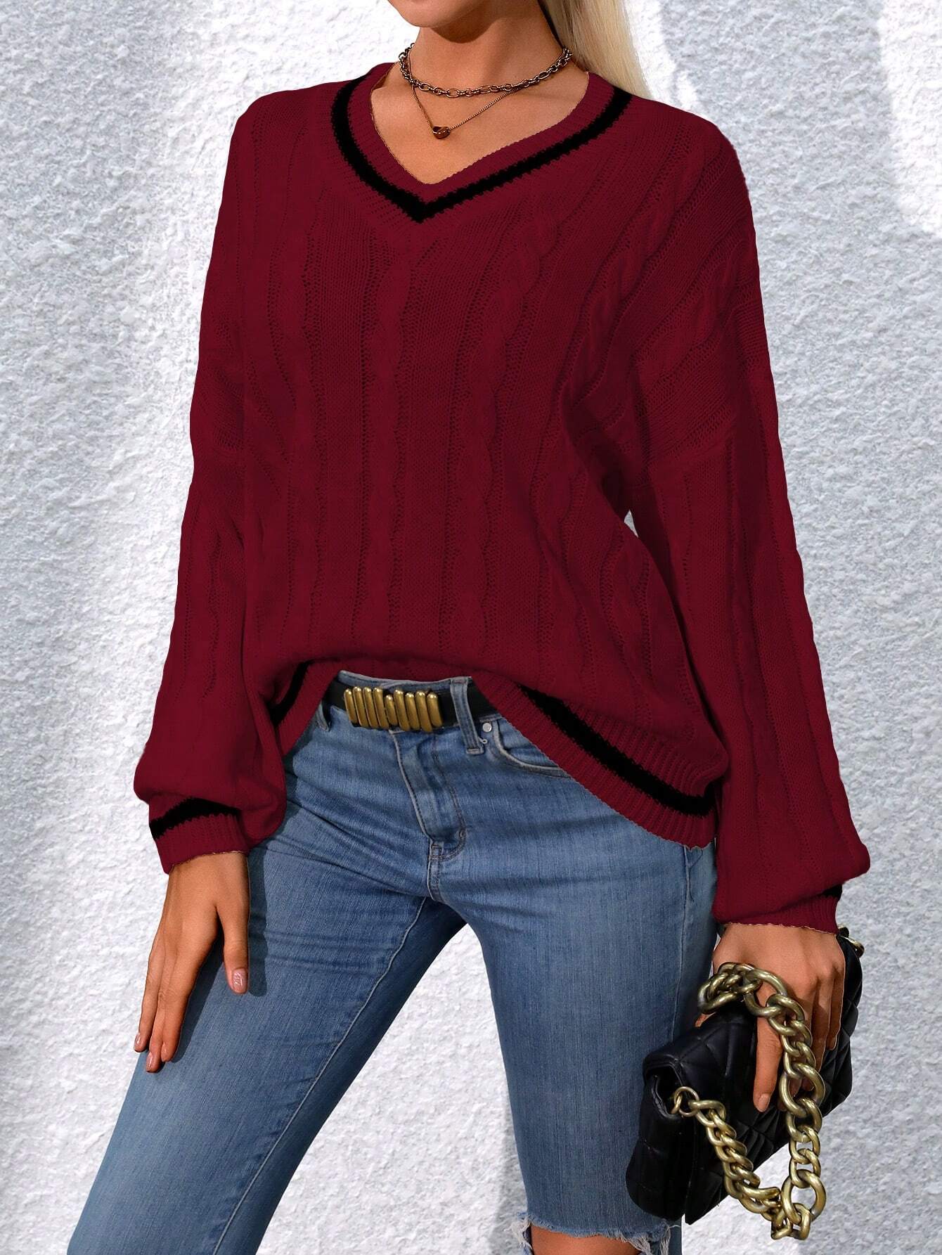 Relaxiva Striped Trim Cable Knit Drop Shoulder Sweater shein