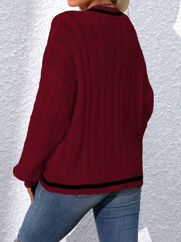 Relaxiva Striped Trim Cable Knit Drop Shoulder Sweater