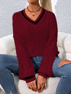 Relaxiva Striped Trim Cable Knit Drop Shoulder Sweater shein