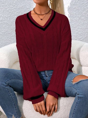 Relaxiva Striped Trim Cable Knit Drop Shoulder Sweater