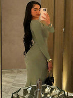 Fashionable Pleated Round Neck Long Sleeve Bodycon Dress shein