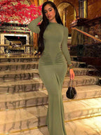Fashionable Pleated Round Neck Long Sleeve Bodycon Dress shein